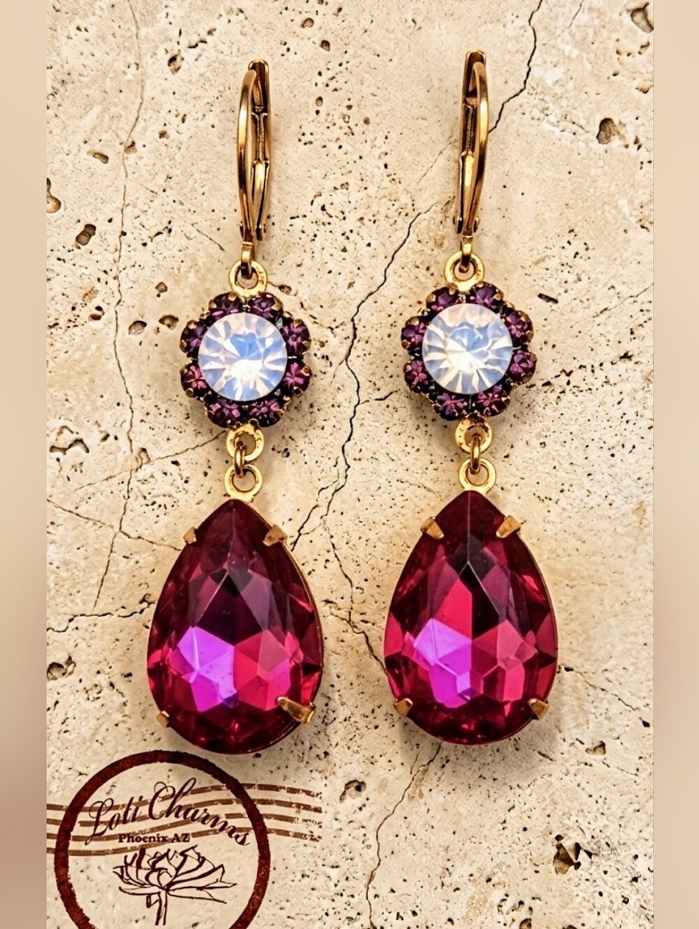 Fuchsia & Pink Rosewater Opal Flower Swarovski Crystals In Gold Plated Earrings